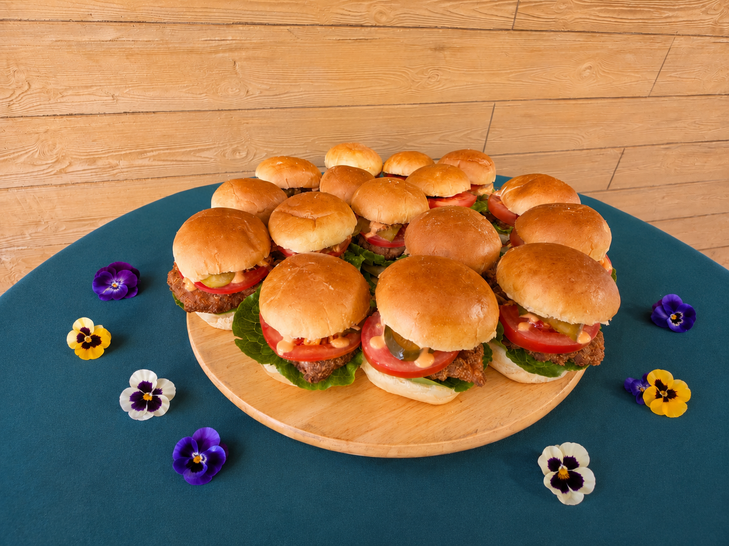 Mini burgery ze stripsem, sałatą, pomidorem i ogórkiem- BOX 8 szt.