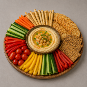 humus z warzywami, grisini i krakersy