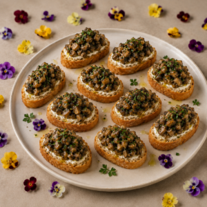 Mini kanapeczki z duszoną pieczarką, natką pietruszki i oliwą truflową - Box 10 szt.