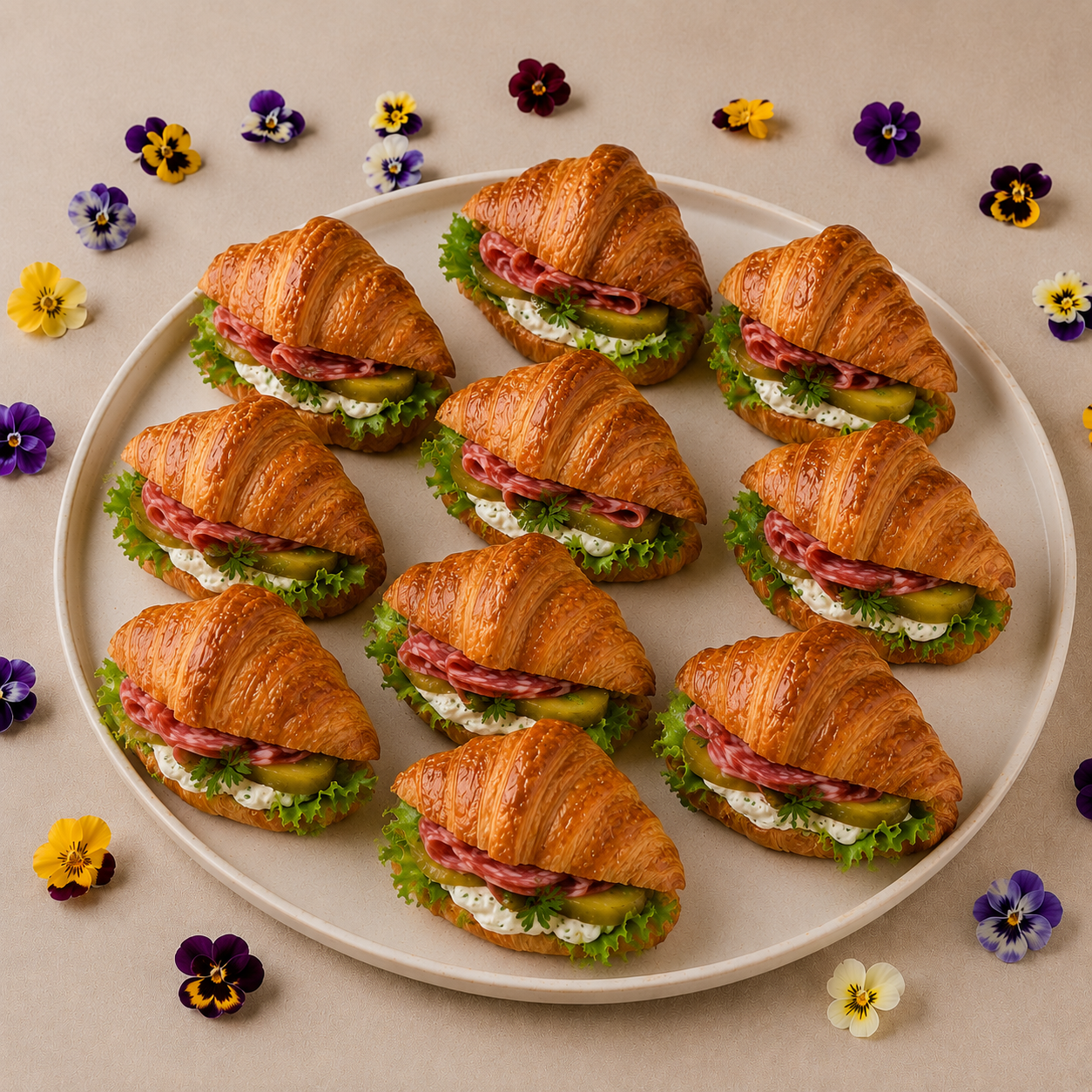 Mini Croissanty z salami, sałatą, kremowym serkiem i ogórkiem kiszonym - BOX 10 szt.